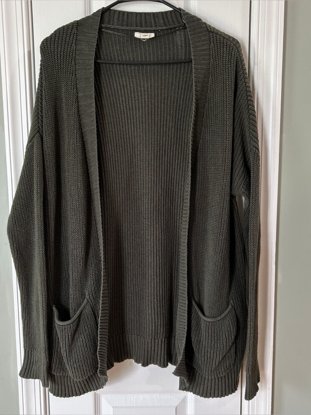 a.n.a Dark Olive Green Chunky Knit Open Front Cardigan Womens Medium 100% Cotton